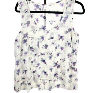 Lilly Lou White Floral Polka Dot Sheer Layered Ruffle Sleeveless Top Size Large